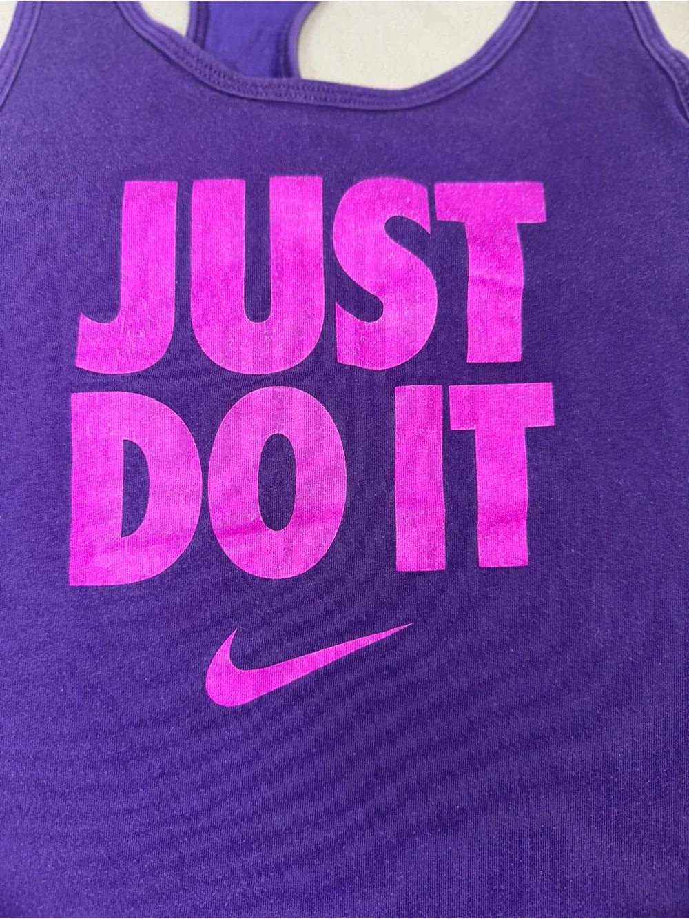 Nike Women's Purple Racerback Tank with Pink 'Just Do It' Print